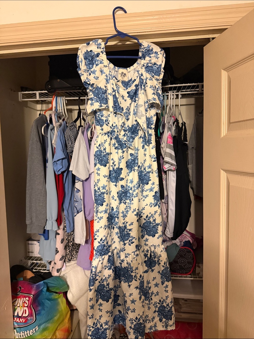 Girls' Floral Maxi Dress with Flutter Sleeves - Blue on Cream